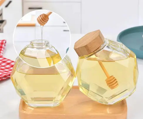 Hexagonal Glass Honey Bottle with Wooden Stirring Rod