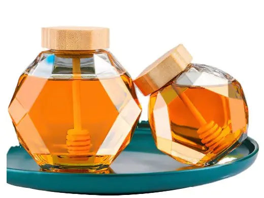 Hexagonal Glass Honey Bottle with Wooden Stirring Rod